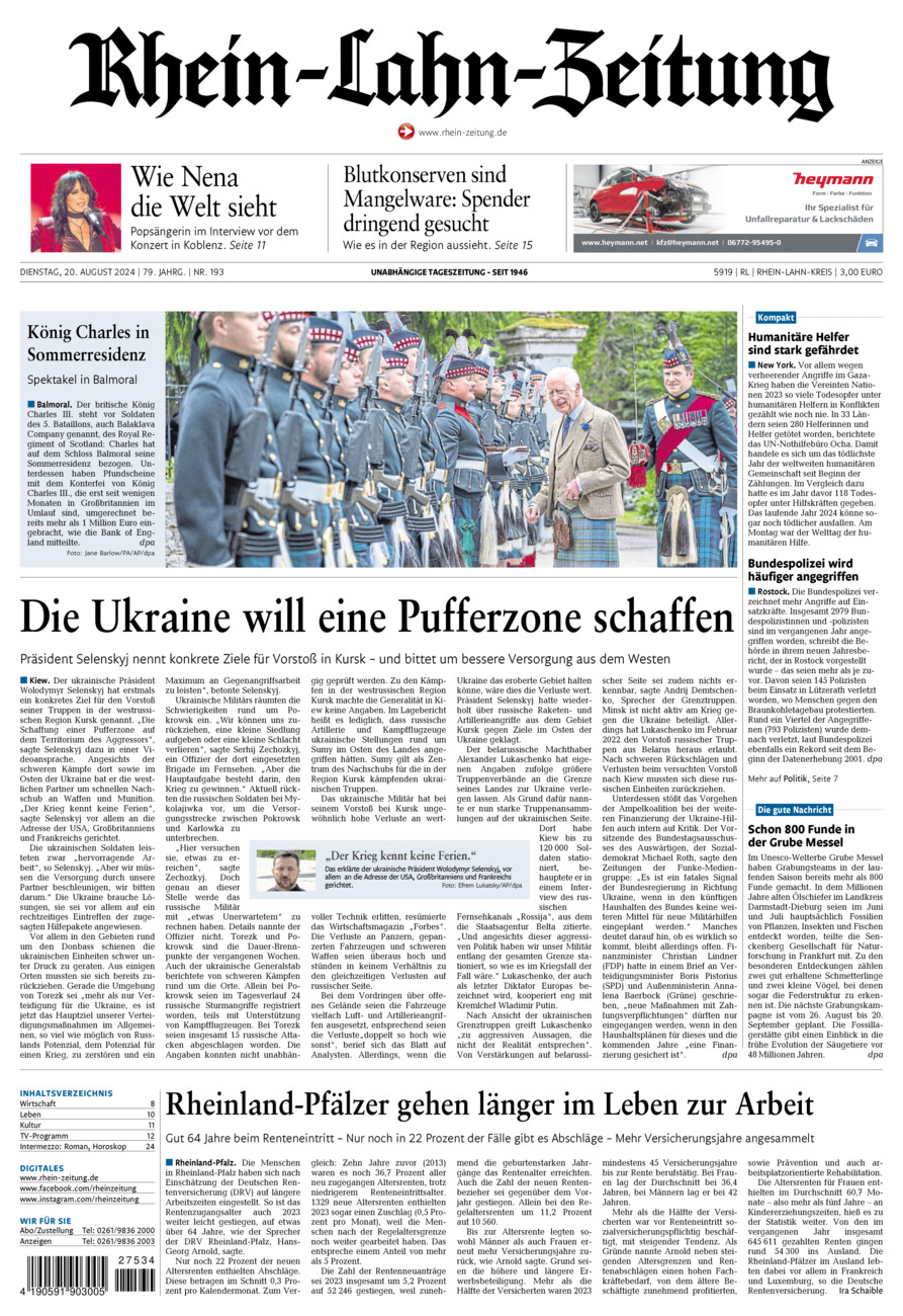 Rhein-Lahn-Zeitung vom Dienstag, 20.08.2024