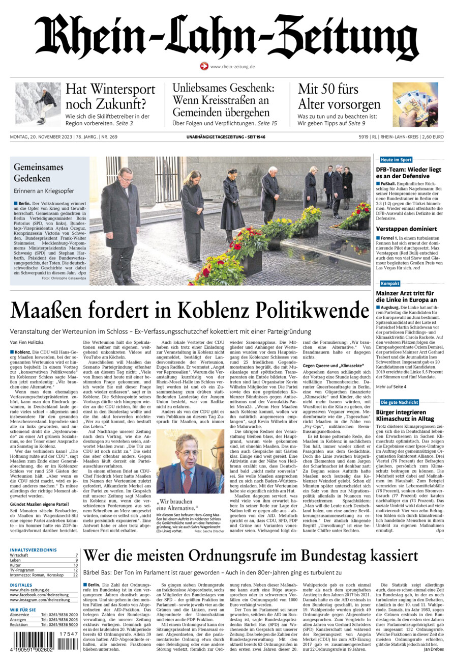 Rhein-Lahn-Zeitung vom Montag, 20.11.2023