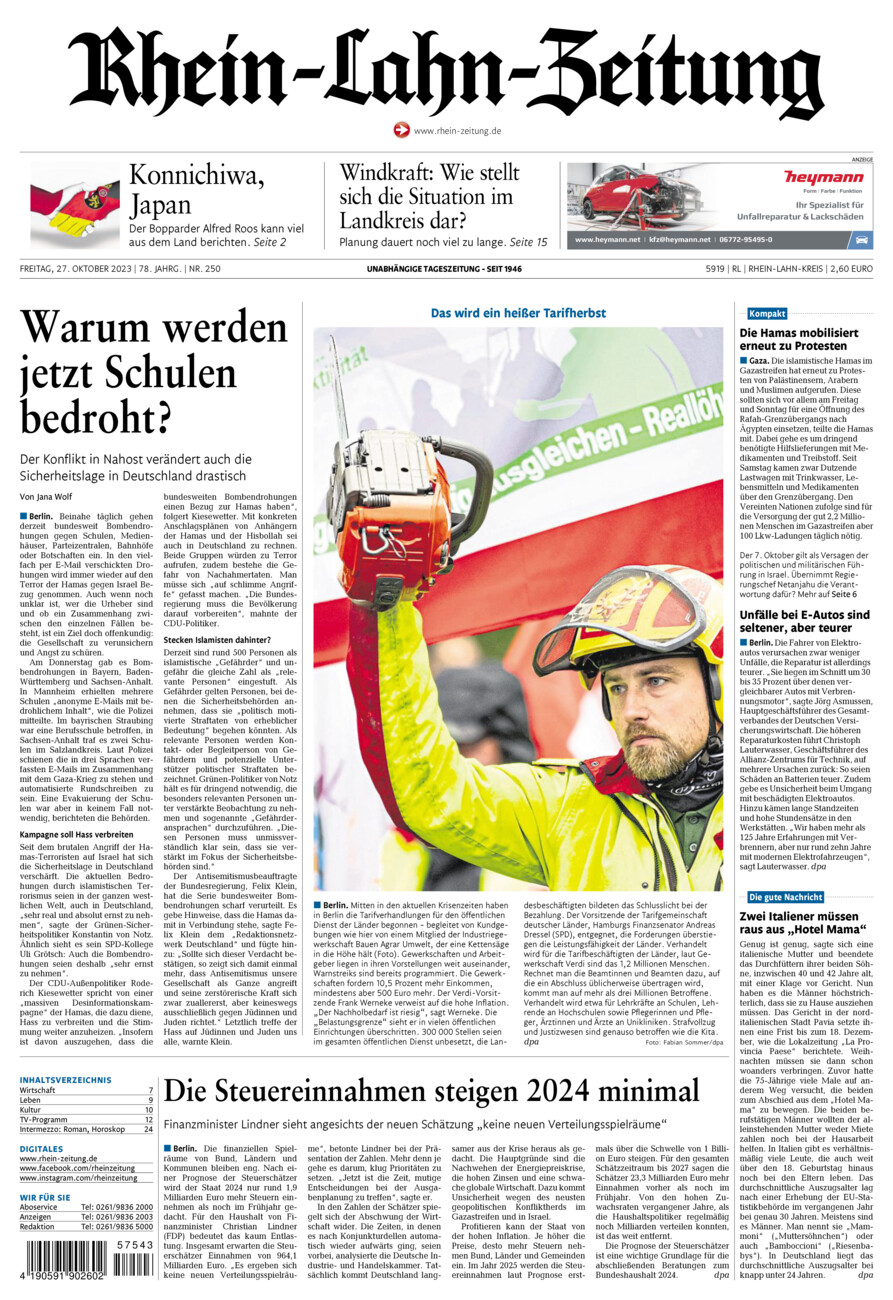 Rhein-Lahn-Zeitung vom Freitag, 27.10.2023