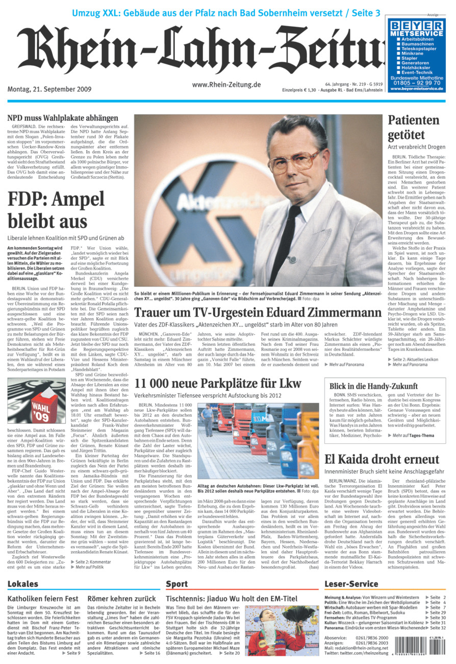 Rhein-Lahn-Zeitung vom Montag, 21.09.2009