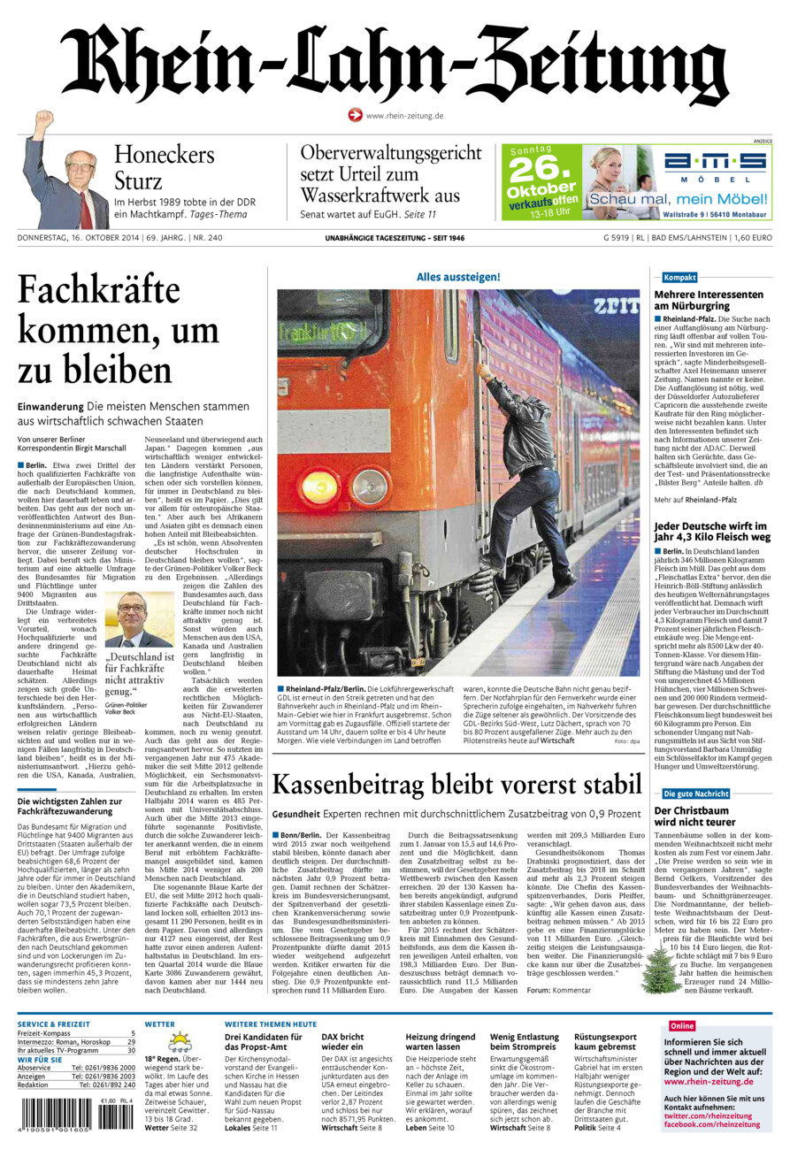 Rhein-Lahn-Zeitung vom Donnerstag, 16.10.2014