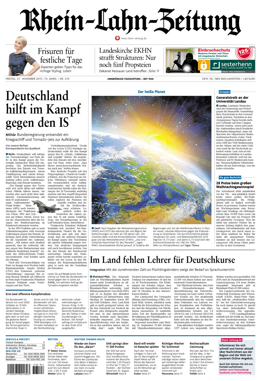 Rhein-Lahn-Zeitung vom Freitag, 27.11.2015