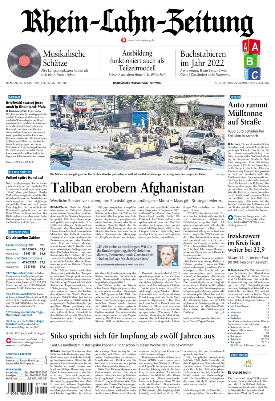 Rhein-Lahn-Zeitung vom Dienstag, 17.08.2021