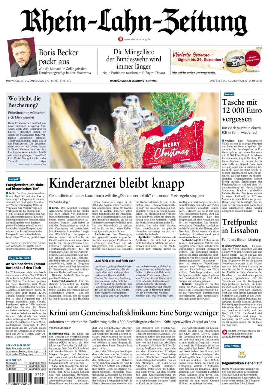 Rhein-Lahn-Zeitung vom Mittwoch, 21.12.2022