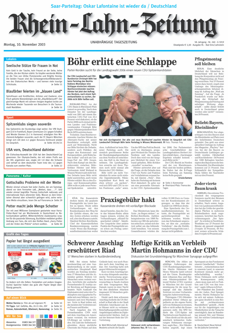 Rhein-Lahn-Zeitung vom Montag, 10.11.2003