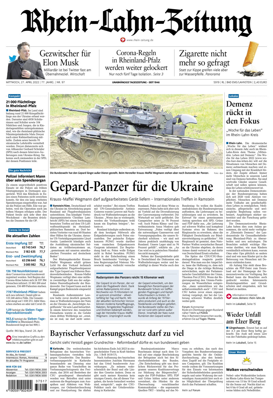 Rhein-Lahn-Zeitung vom Mittwoch, 27.04.2022