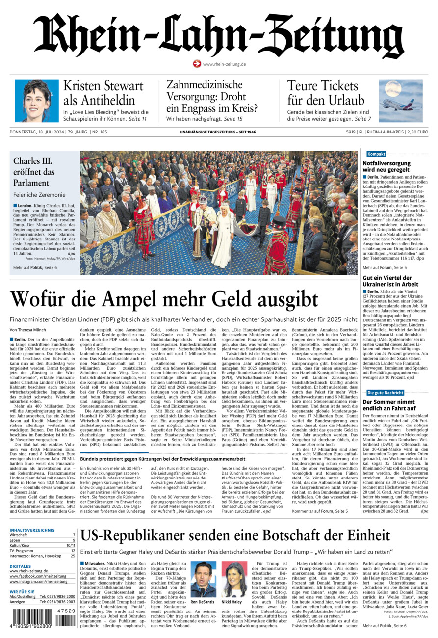 Rhein-Lahn-Zeitung vom Donnerstag, 18.07.2024