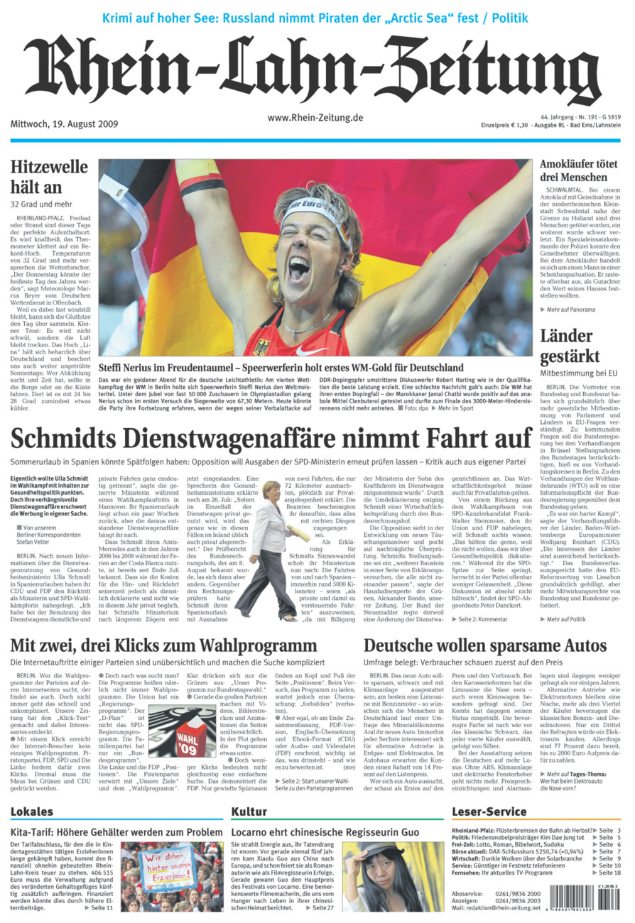 Rhein-Lahn-Zeitung vom Mittwoch, 19.08.2009