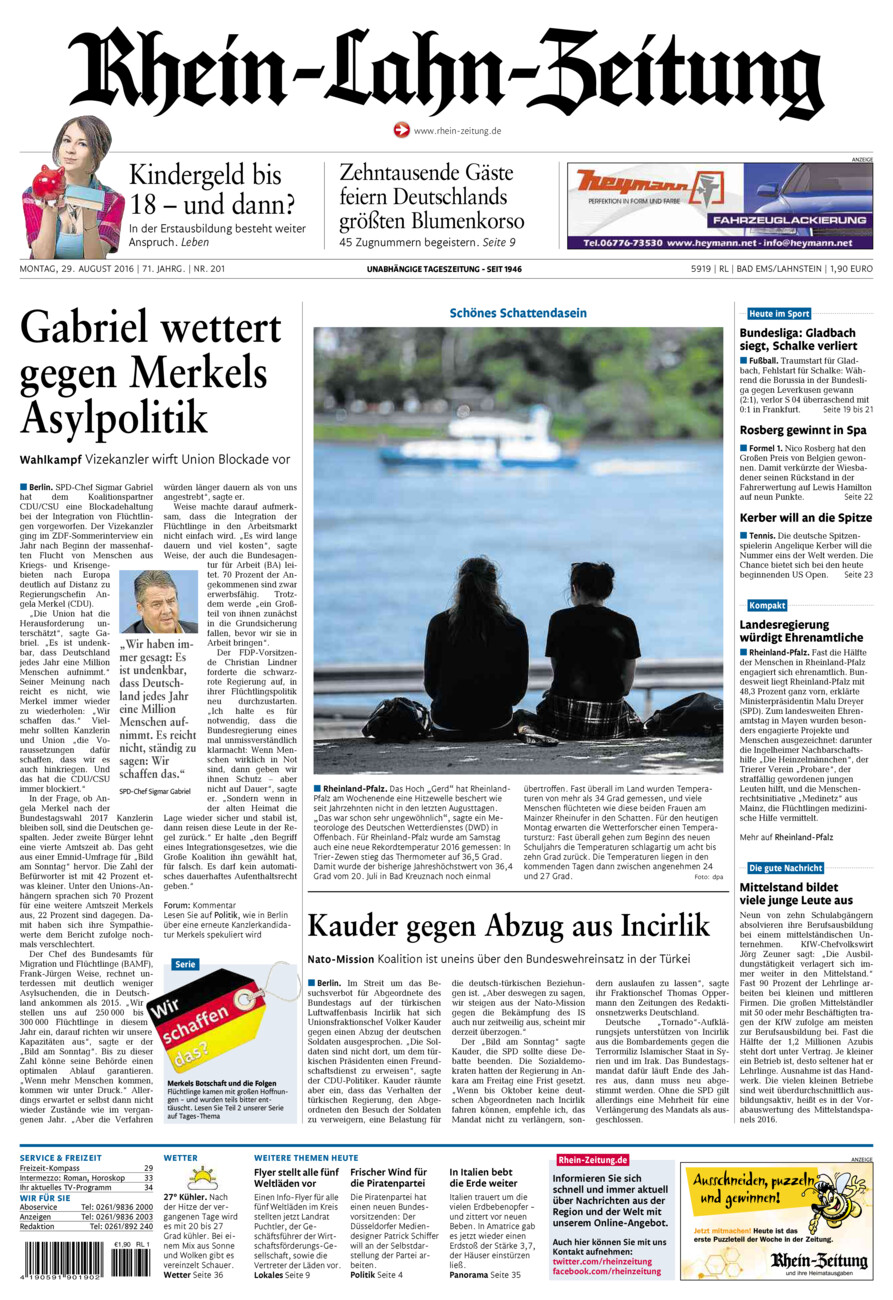 Rhein-Lahn-Zeitung vom Montag, 29.08.2016