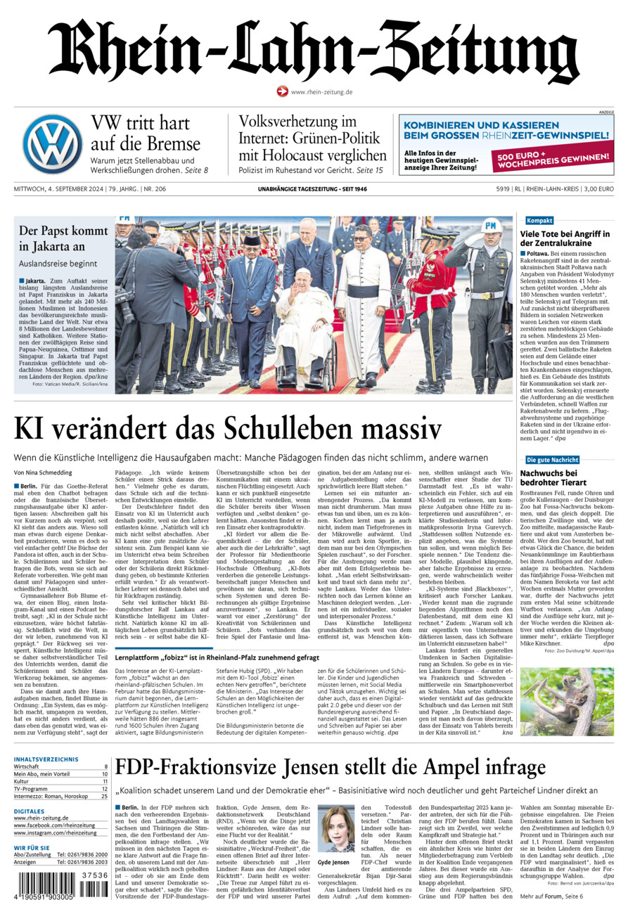 Rhein-Lahn-Zeitung vom Mittwoch, 04.09.2024