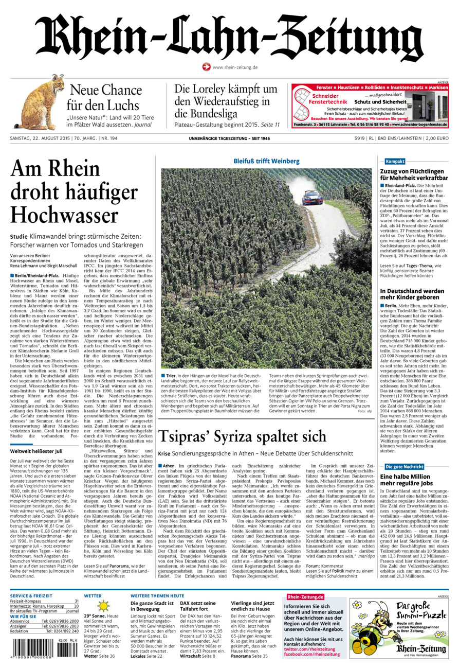 Rhein-Lahn-Zeitung vom Samstag, 22.08.2015