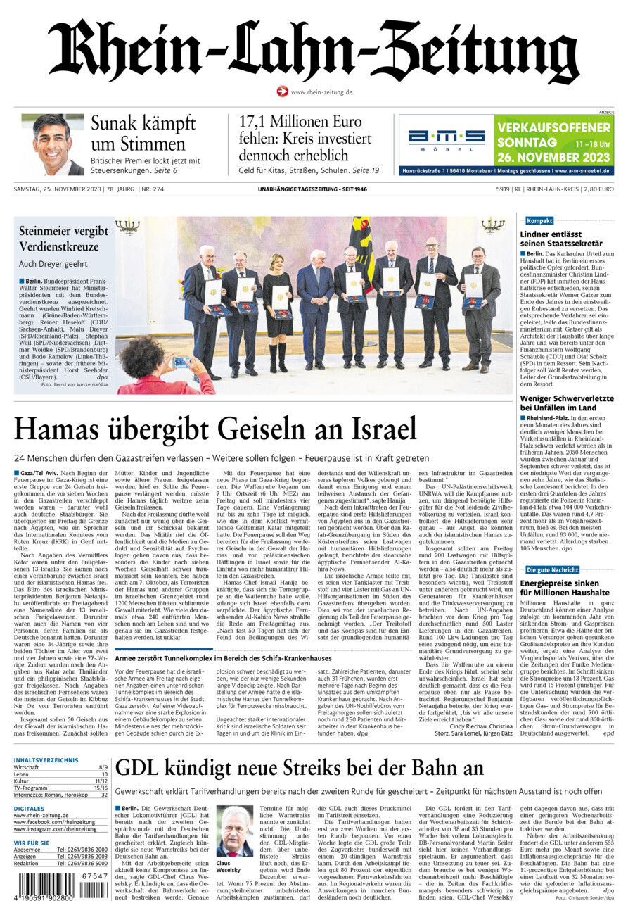 Rhein-Lahn-Zeitung vom Samstag, 25.11.2023