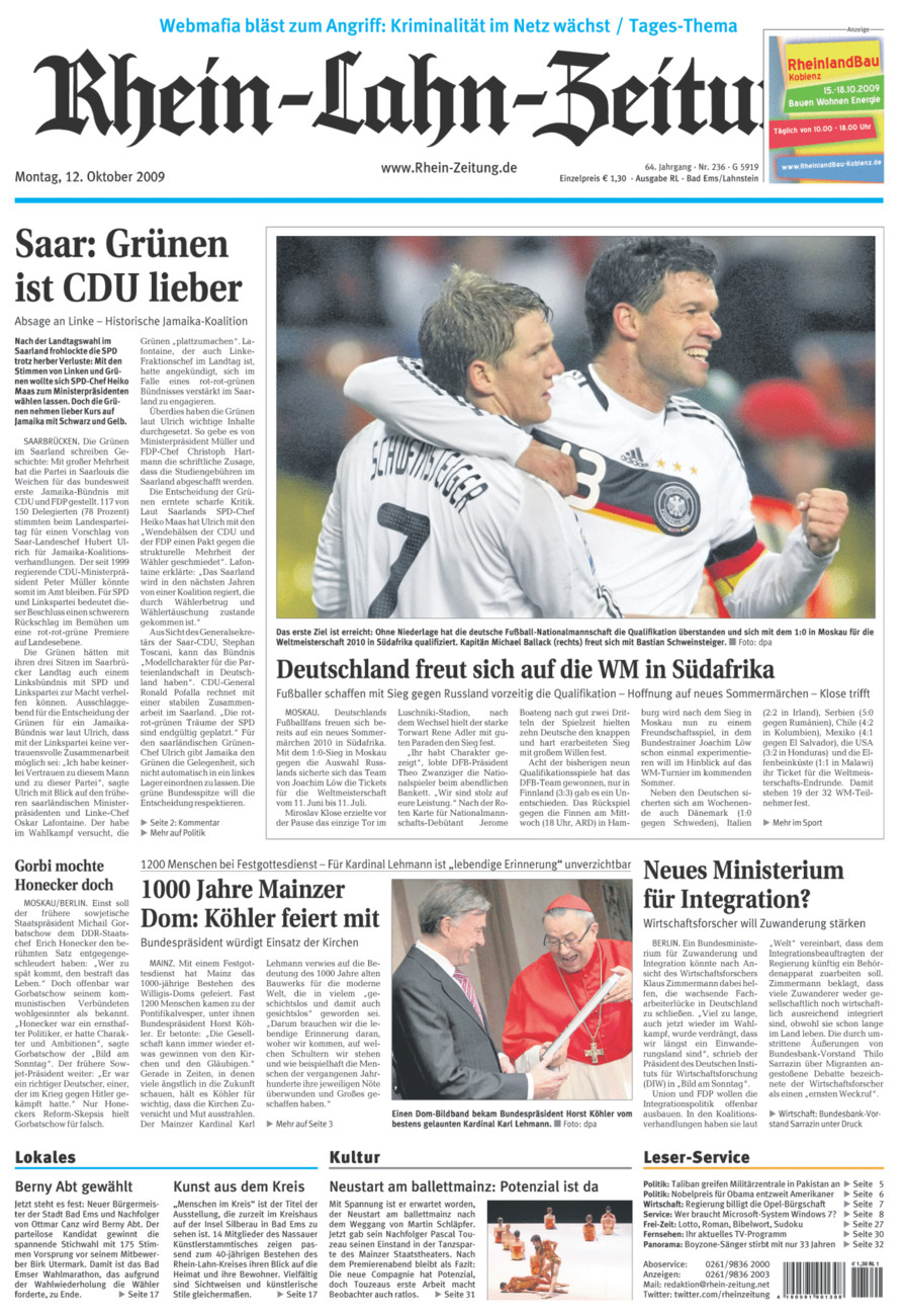 Rhein-Lahn-Zeitung vom Montag, 12.10.2009