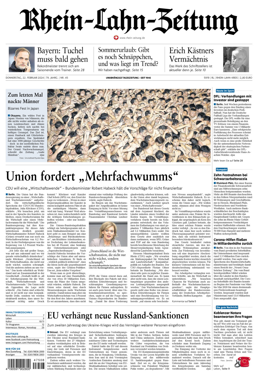 Rhein-Lahn-Zeitung vom Donnerstag, 22.02.2024