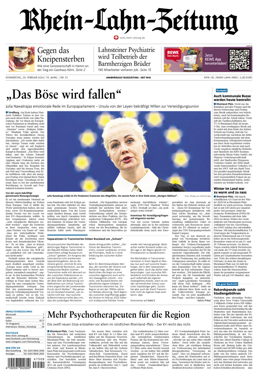 Rhein-Lahn-Zeitung vom Donnerstag, 29.02.2024