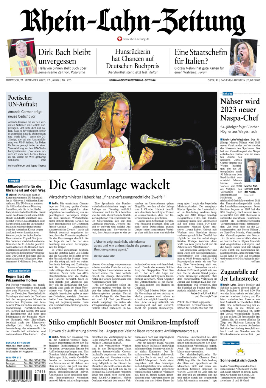 Rhein-Lahn-Zeitung vom Mittwoch, 21.09.2022