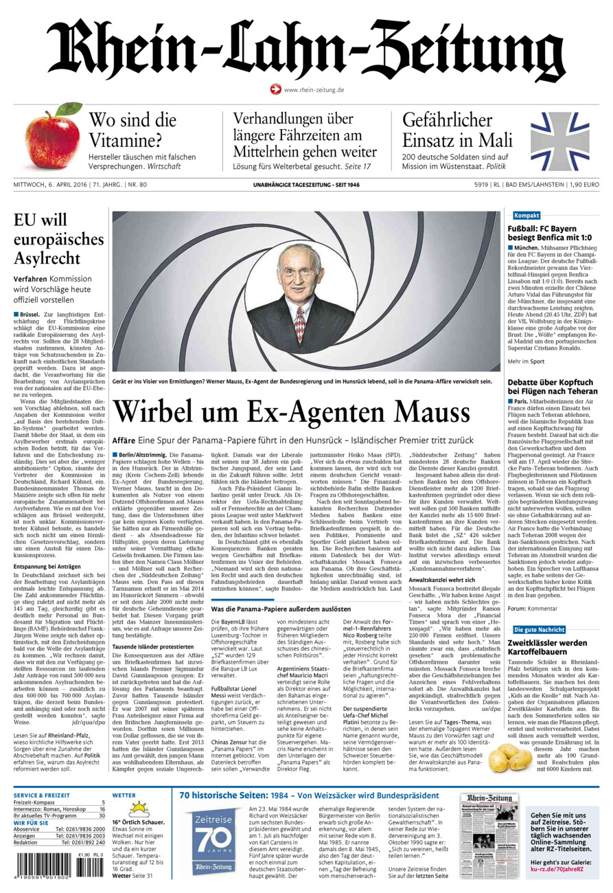 Rhein-Lahn-Zeitung vom Mittwoch, 06.04.2016