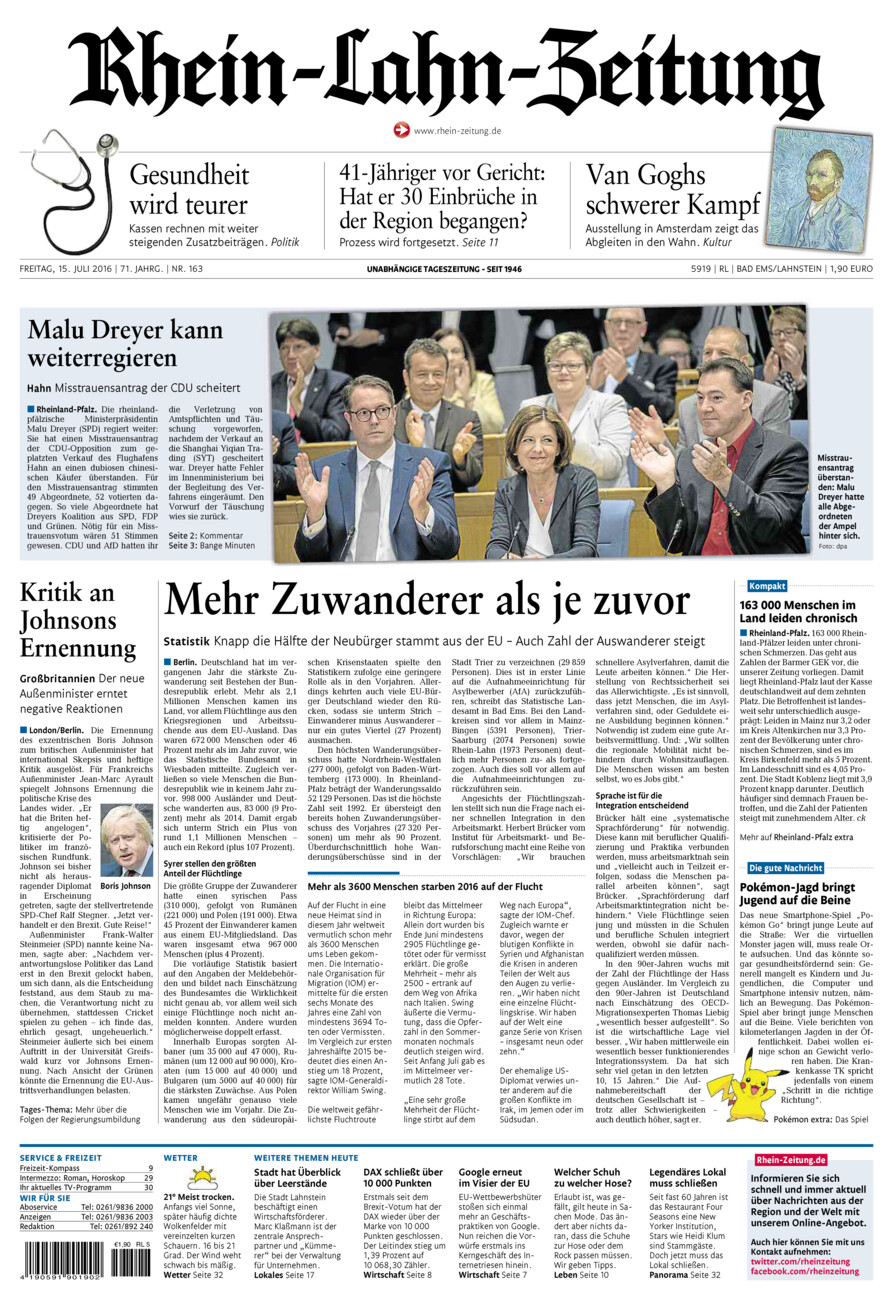 Rhein-Lahn-Zeitung vom Freitag, 15.07.2016