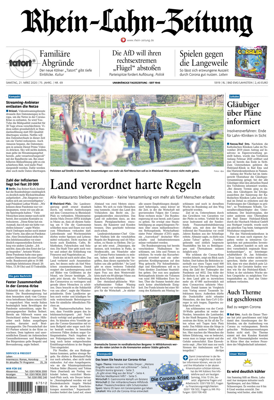 Rhein-Lahn-Zeitung vom Samstag, 21.03.2020
