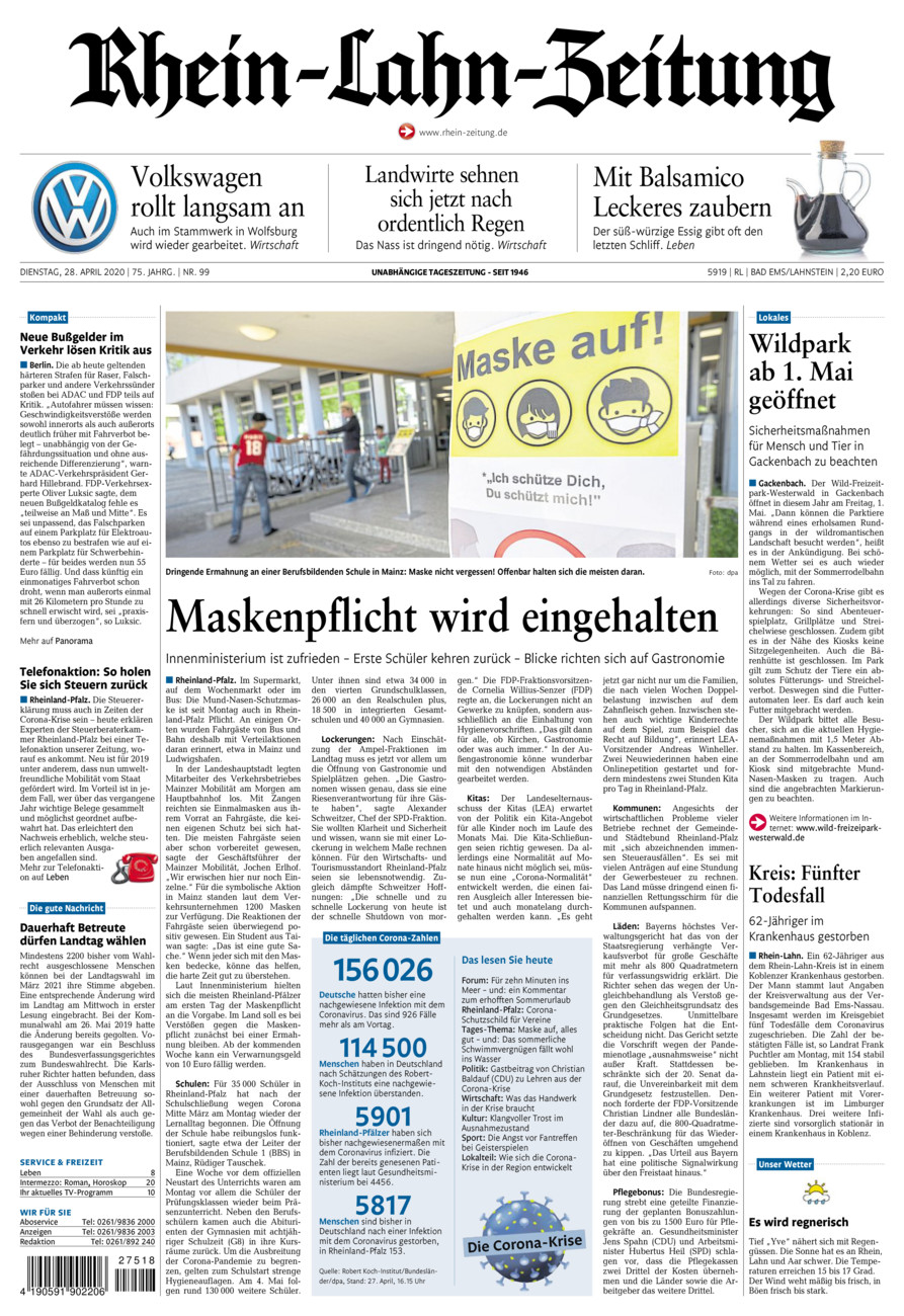 Rhein-Lahn-Zeitung vom Dienstag, 28.04.2020