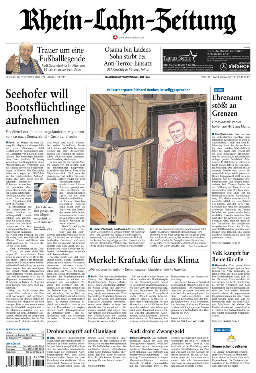 Rhein-Lahn-Zeitung vom Montag, 16.09.2019