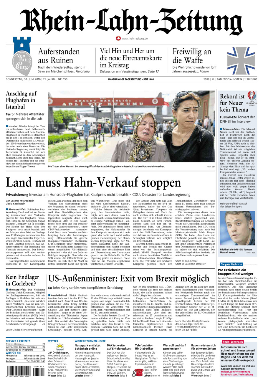 Rhein-Lahn-Zeitung vom Donnerstag, 30.06.2016