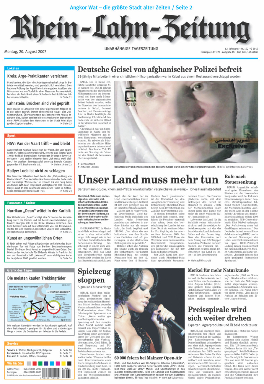 Rhein-Lahn-Zeitung vom Montag, 20.08.2007