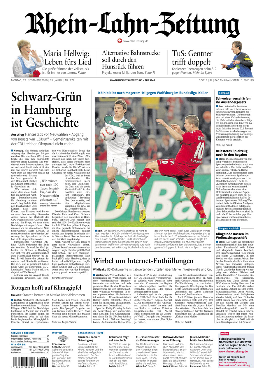 Rhein-Lahn-Zeitung vom Montag, 29.11.2010