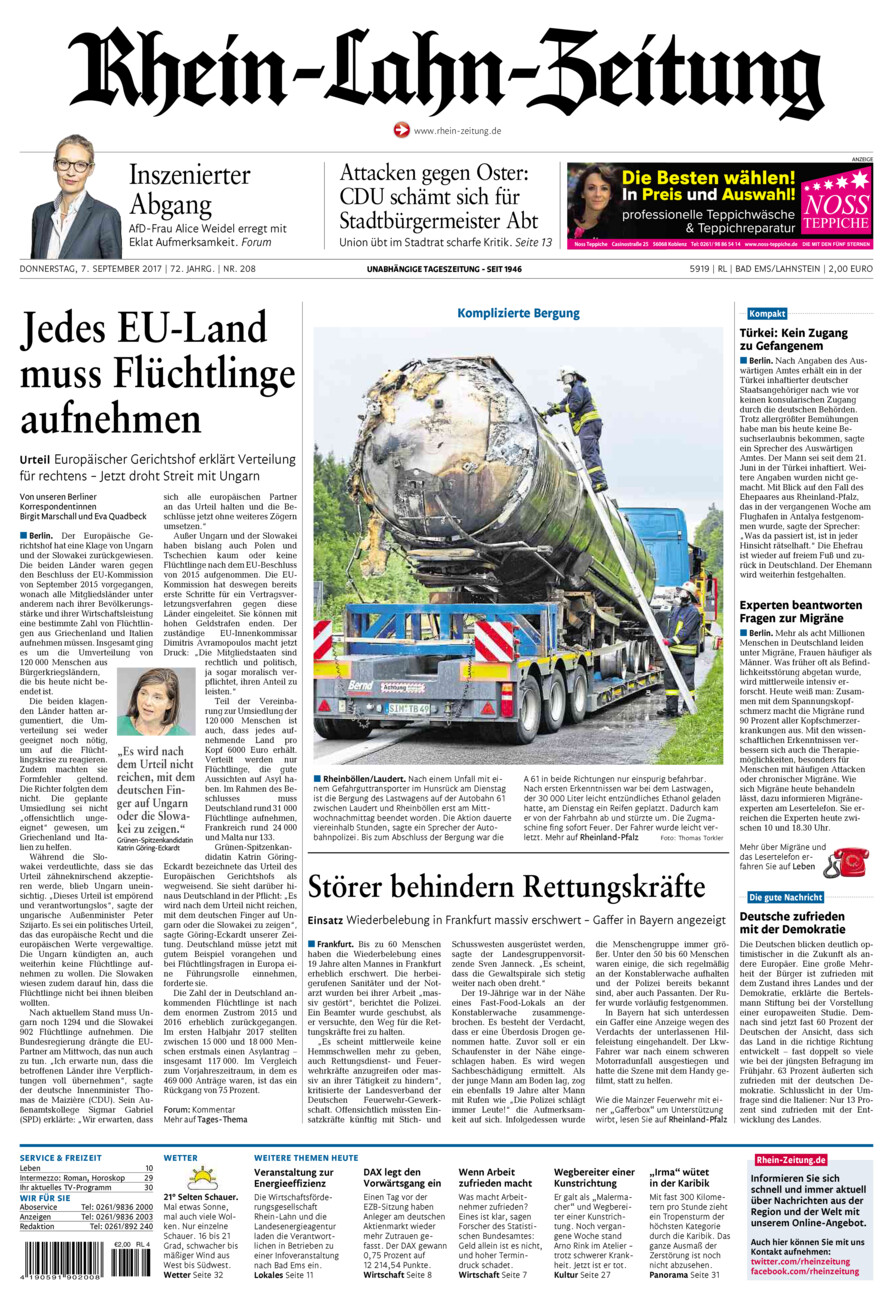 Rhein-Lahn-Zeitung vom Donnerstag, 07.09.2017