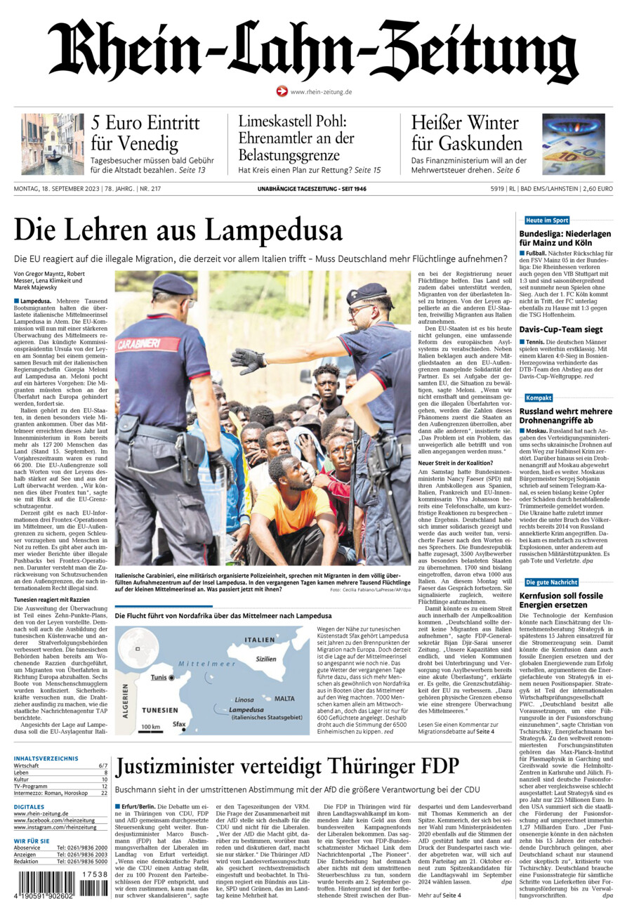 Rhein-Lahn-Zeitung vom Montag, 18.09.2023
