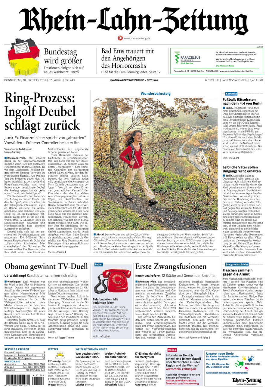 Rhein-Lahn-Zeitung vom Donnerstag, 18.10.2012