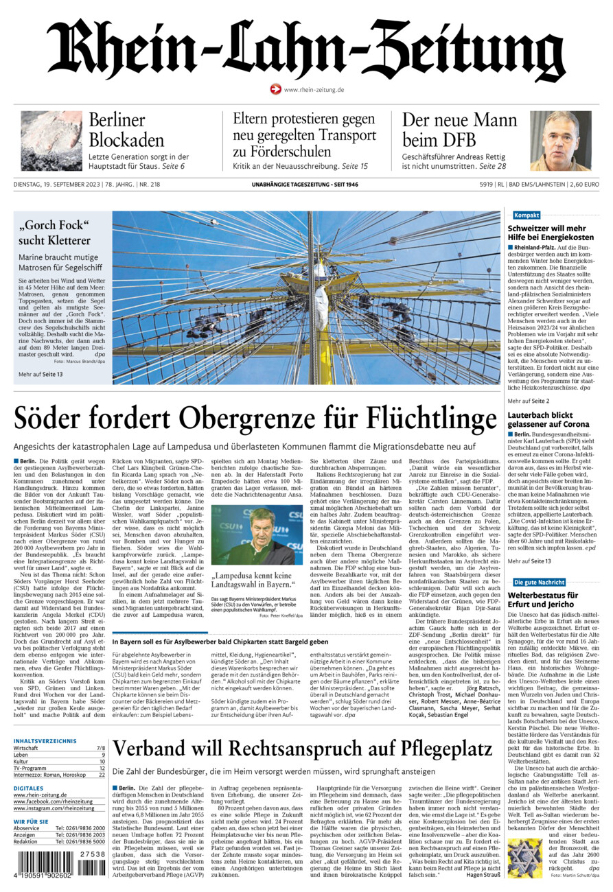Rhein-Lahn-Zeitung vom Dienstag, 19.09.2023