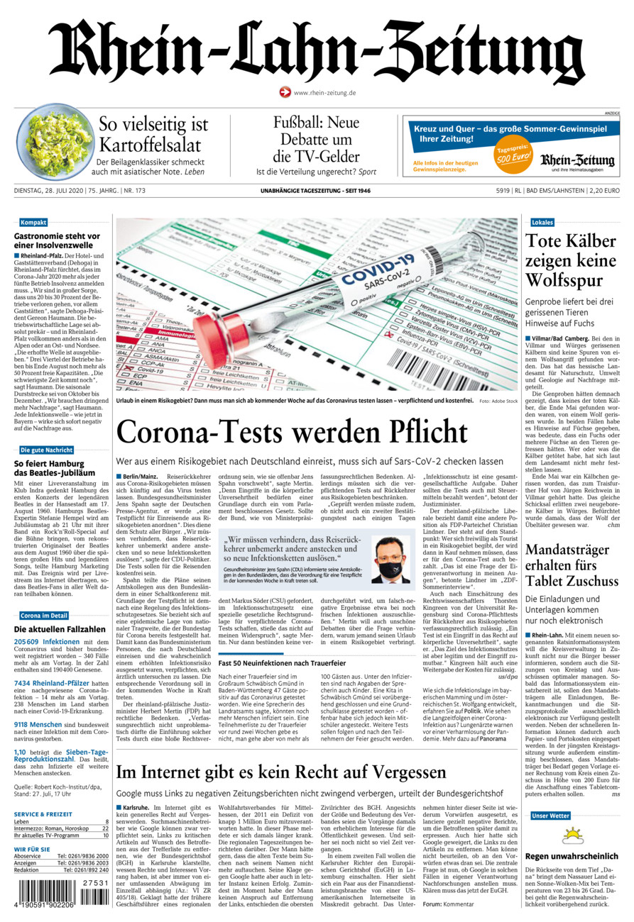 Rhein-Lahn-Zeitung vom Dienstag, 28.07.2020