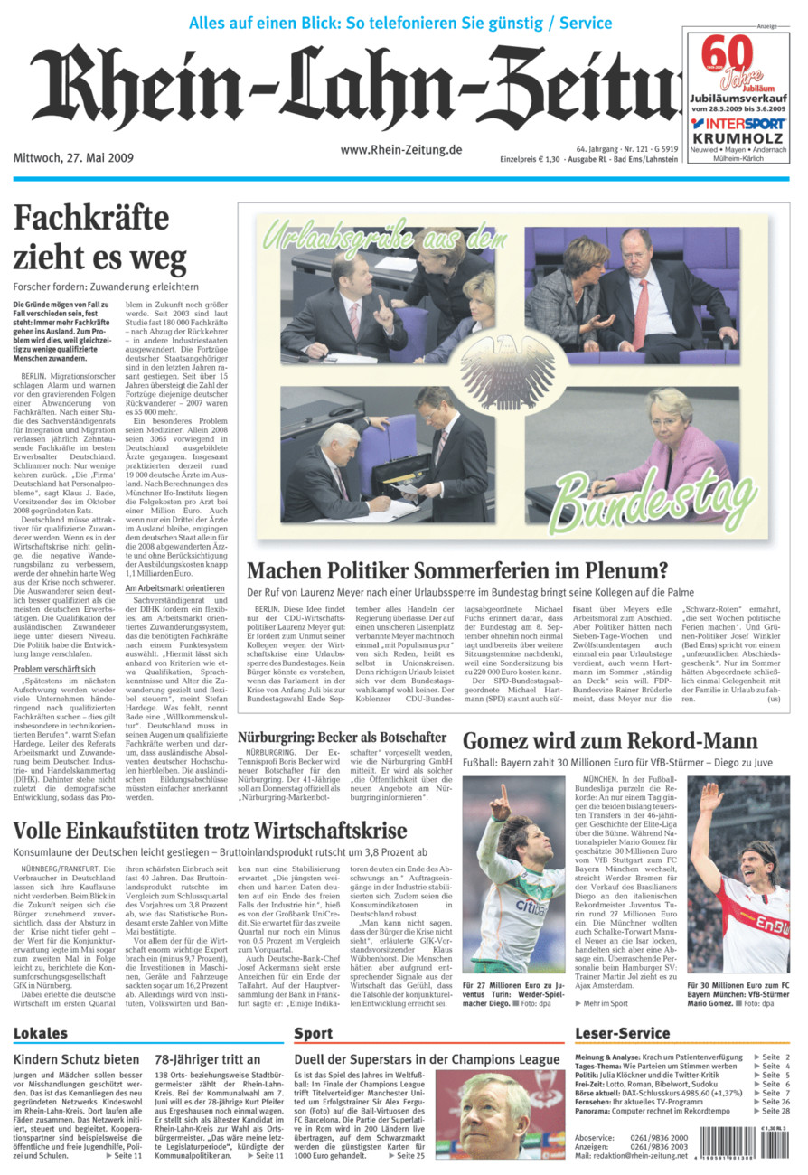 Rhein-Lahn-Zeitung vom Mittwoch, 27.05.2009