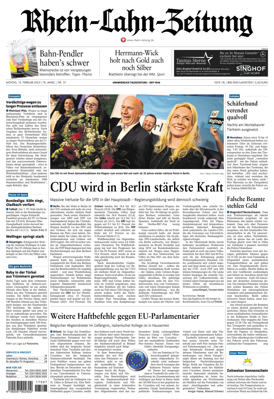 Rhein-Lahn-Zeitung vom Montag, 13.02.2023