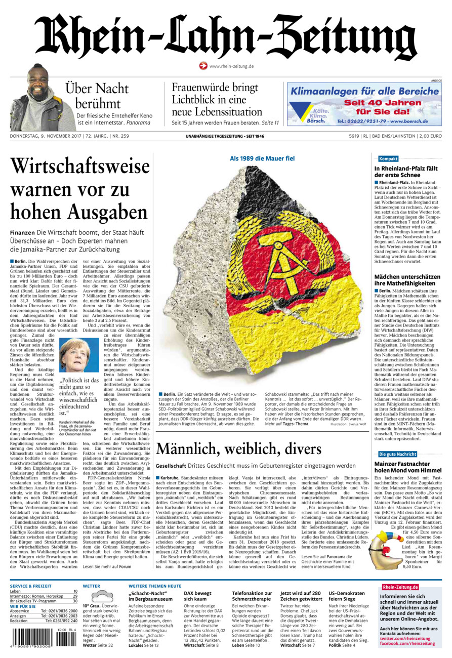 Rhein-Lahn-Zeitung vom Donnerstag, 09.11.2017