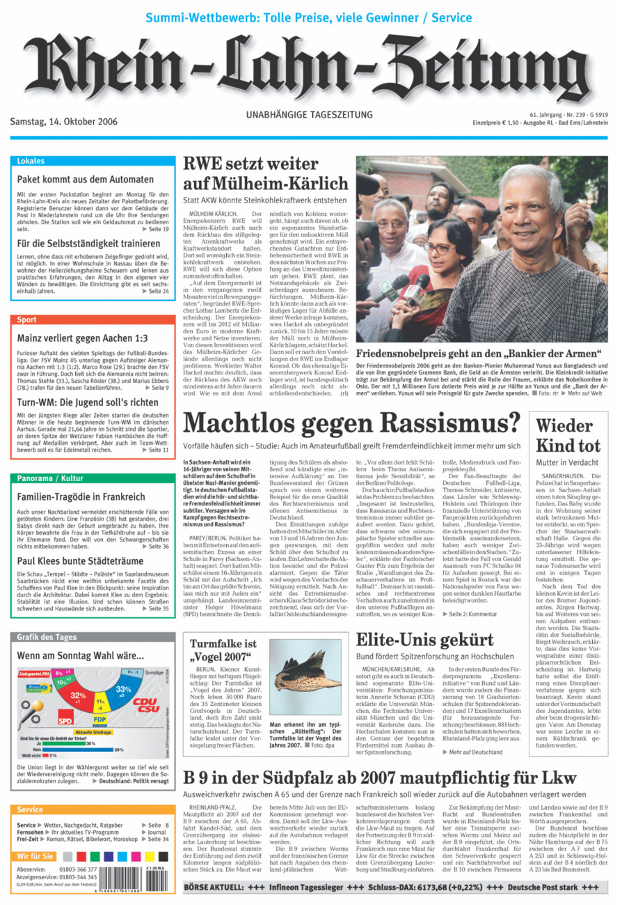 Rhein-Lahn-Zeitung vom Samstag, 14.10.2006