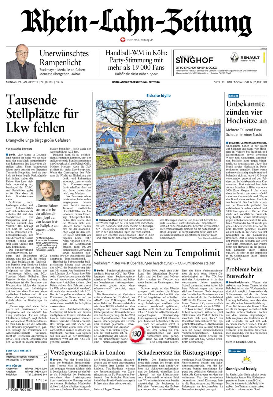 Rhein-Lahn-Zeitung vom Montag, 21.01.2019