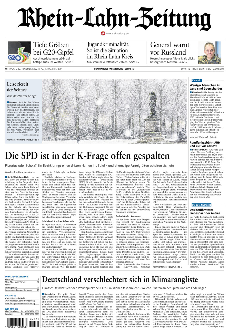 Rhein-Lahn-Zeitung vom Mittwoch, 20.11.2024