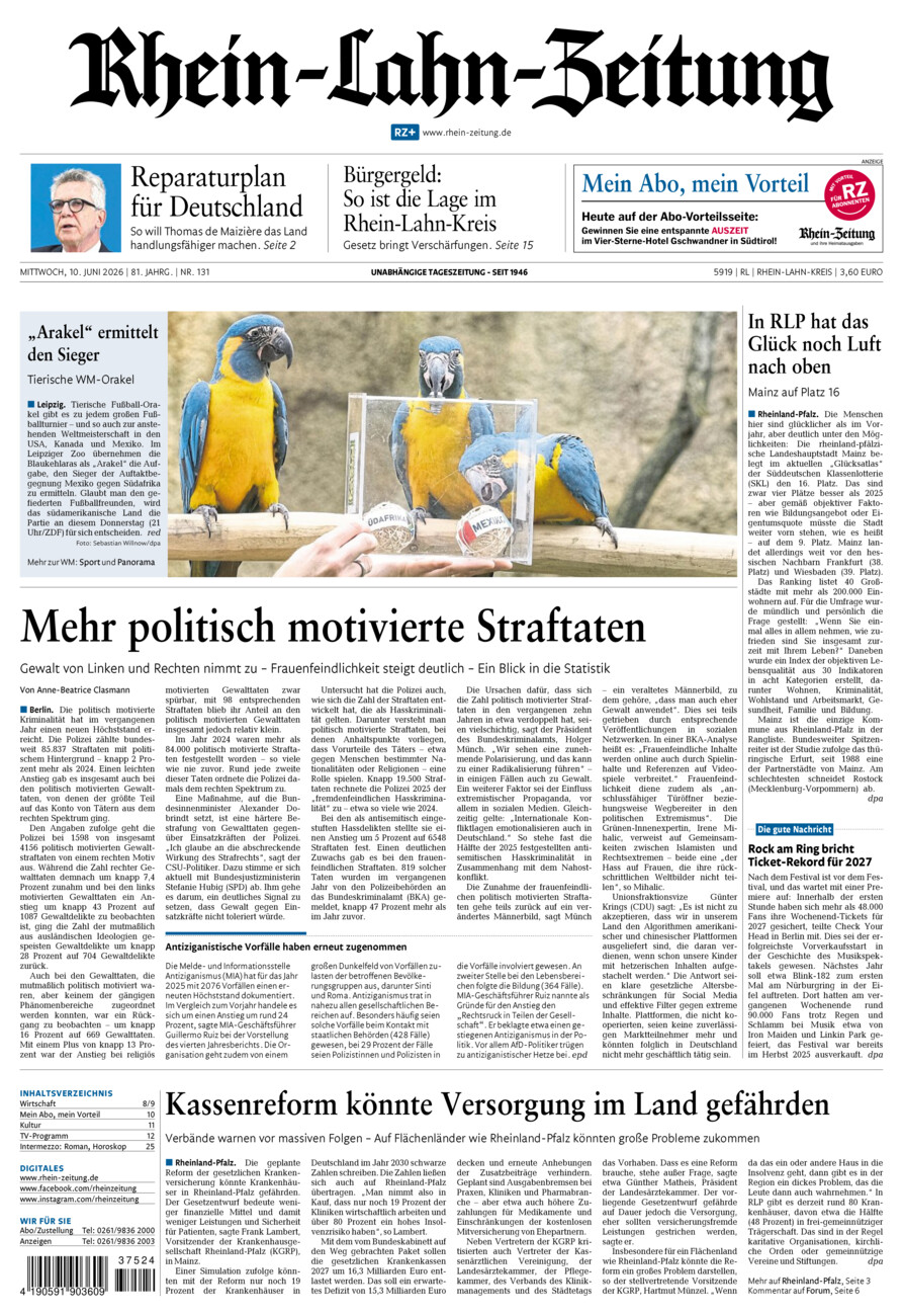 Rhein-Lahn-Zeitung vom Mittwoch, 10.06.2026