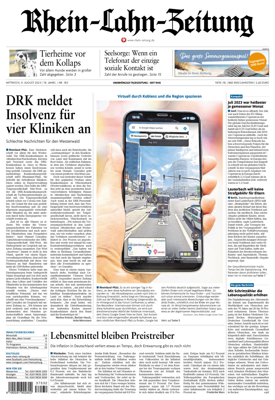 Rhein-Lahn-Zeitung vom Mittwoch, 09.08.2023