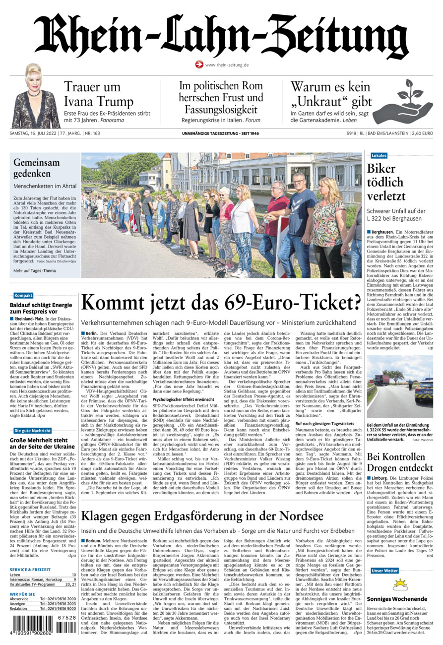 Rhein-Lahn-Zeitung vom Samstag, 16.07.2022