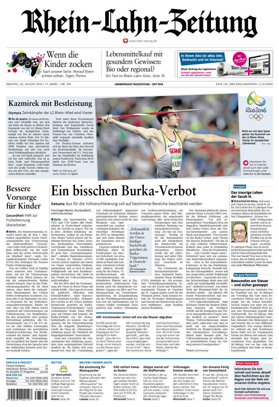 Rhein-Lahn-Zeitung vom Samstag, 20.08.2016