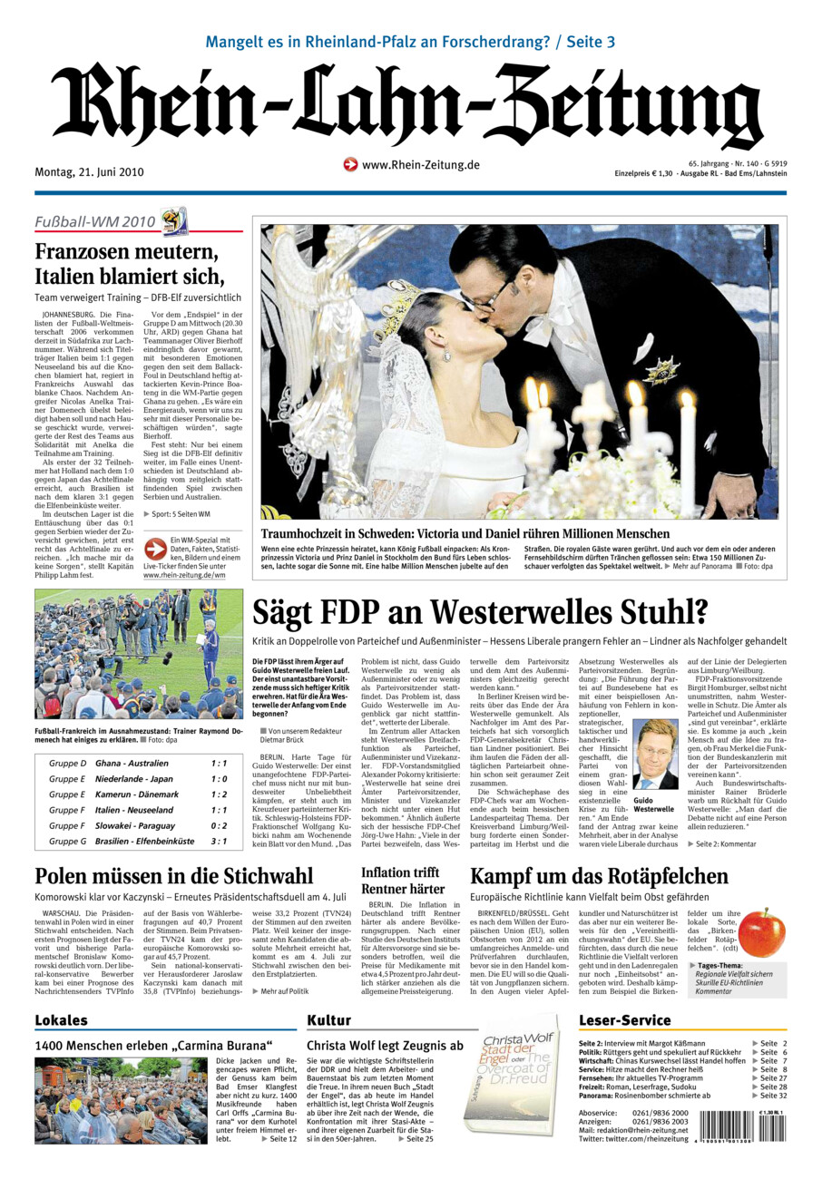 Rhein-Lahn-Zeitung vom Montag, 21.06.2010
