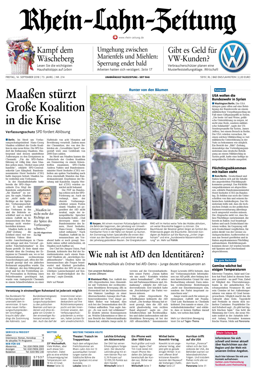 Rhein-Lahn-Zeitung vom Freitag, 14.09.2018