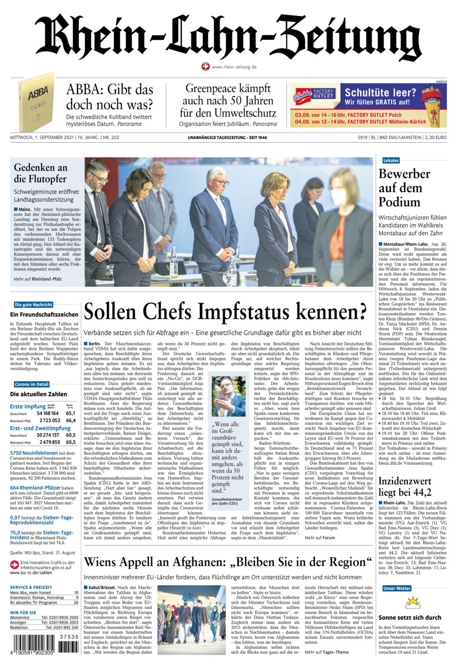Rhein-Lahn-Zeitung vom Mittwoch, 01.09.2021