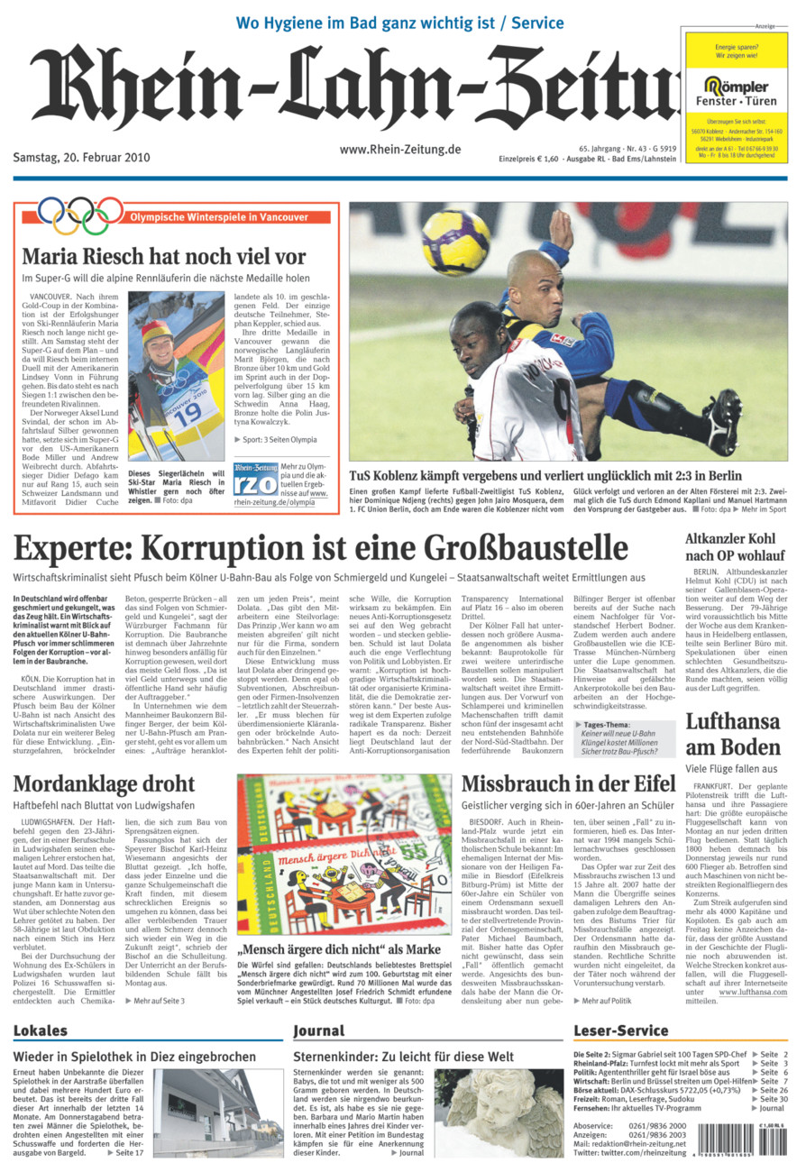Rhein-Lahn-Zeitung vom Samstag, 20.02.2010