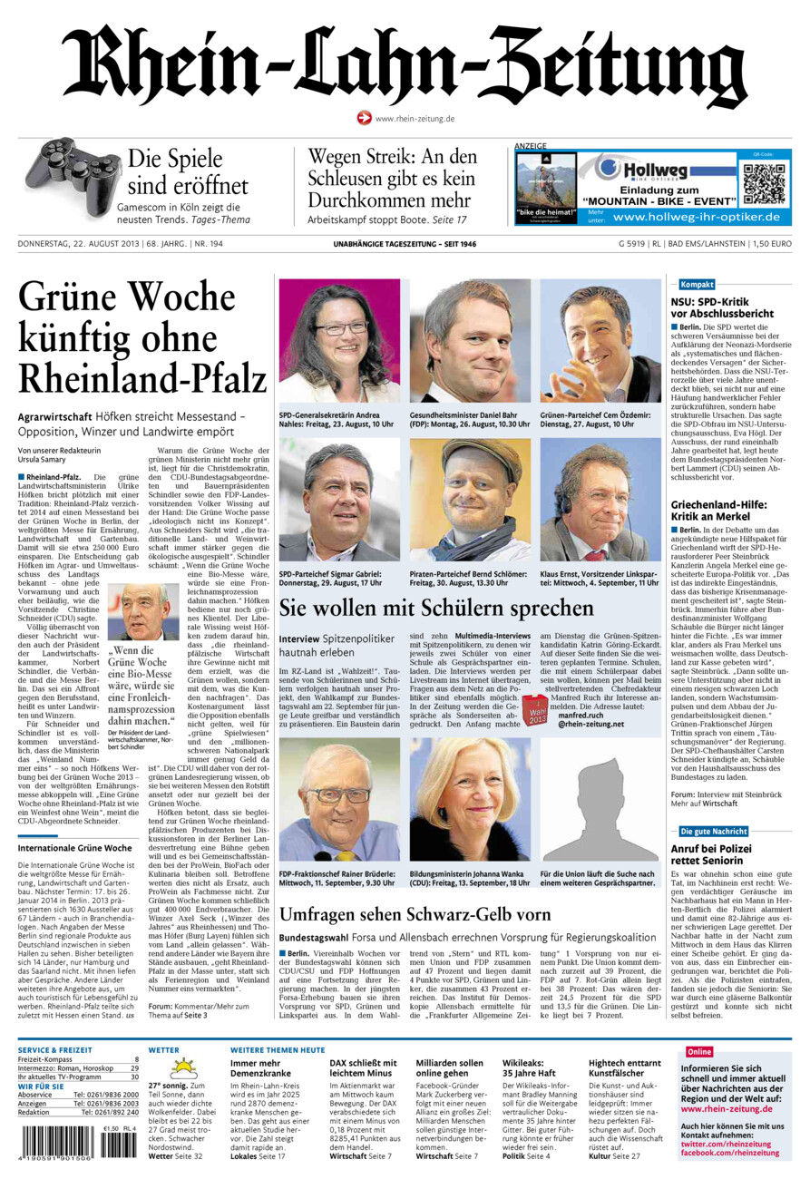 Rhein-Lahn-Zeitung vom Donnerstag, 22.08.2013