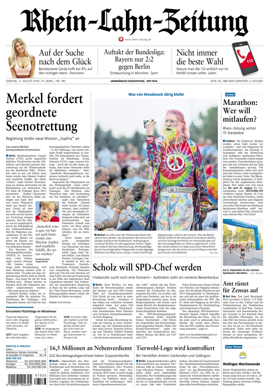 Rhein-Lahn-Zeitung vom Samstag, 17.08.2019