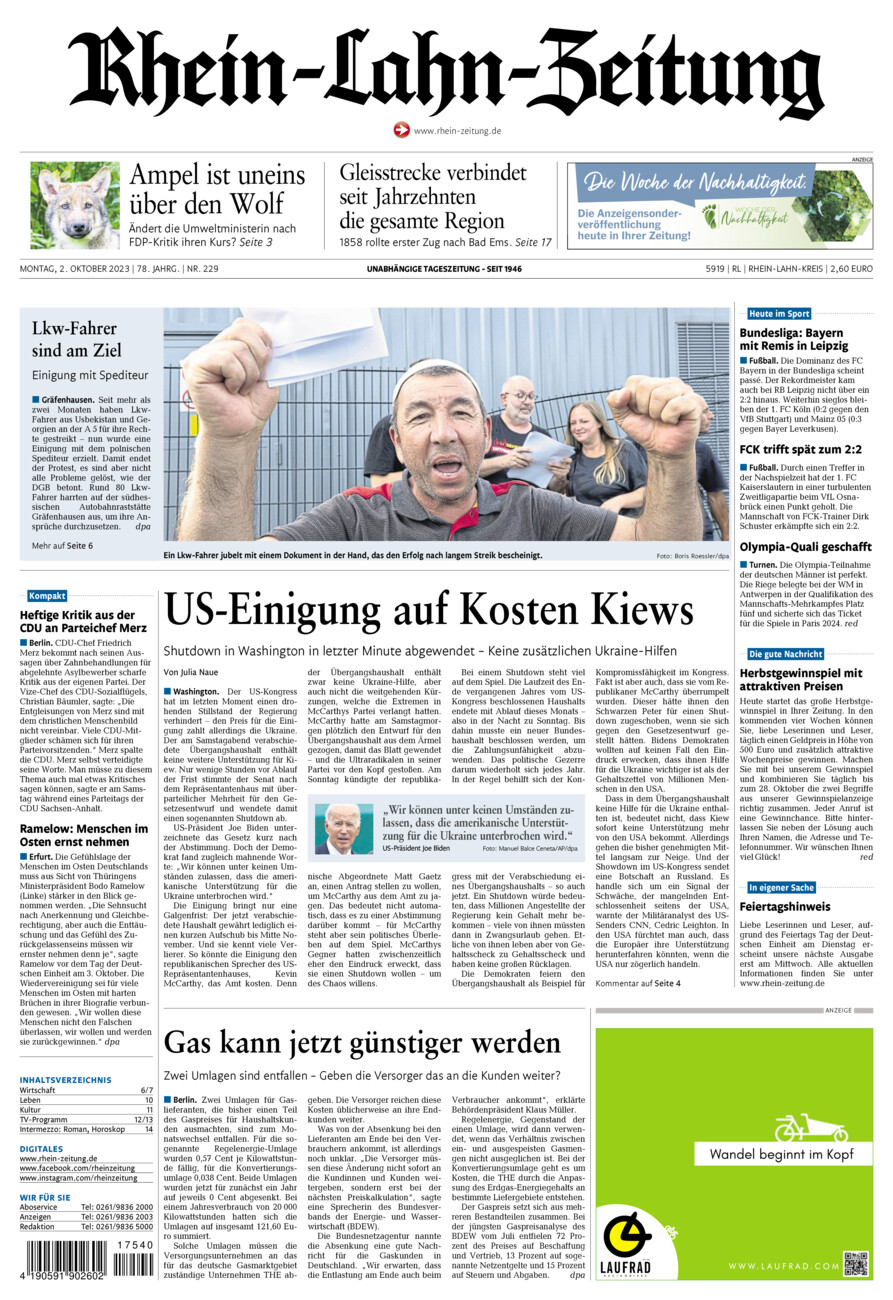 Rhein-Lahn-Zeitung vom Montag, 02.10.2023